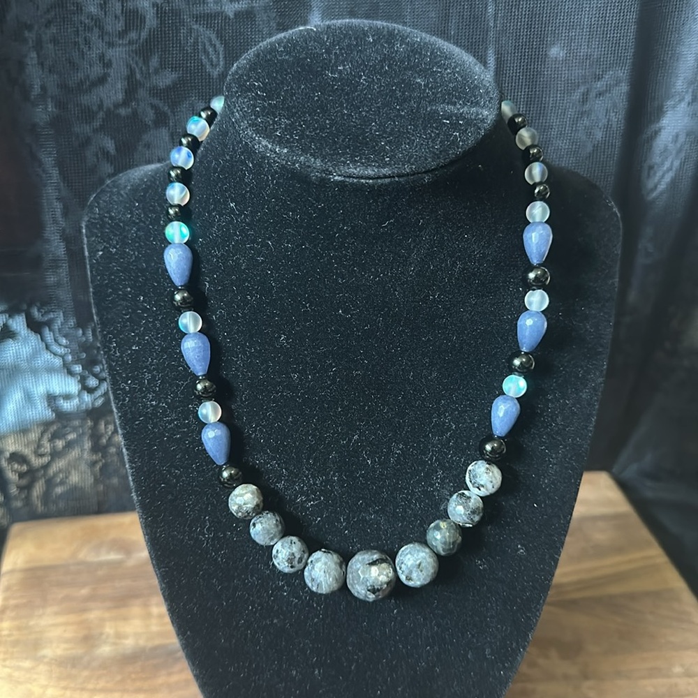 Larvikite, Sapphire And Black Onyx Beaded Necklace
